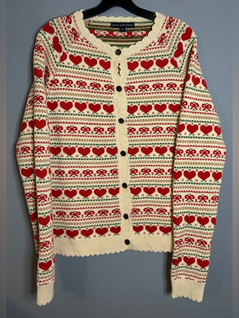 Kiel James Patrick Cream Cardigan with Red Heart & Bow Fair Isle - Picture 6 of 9